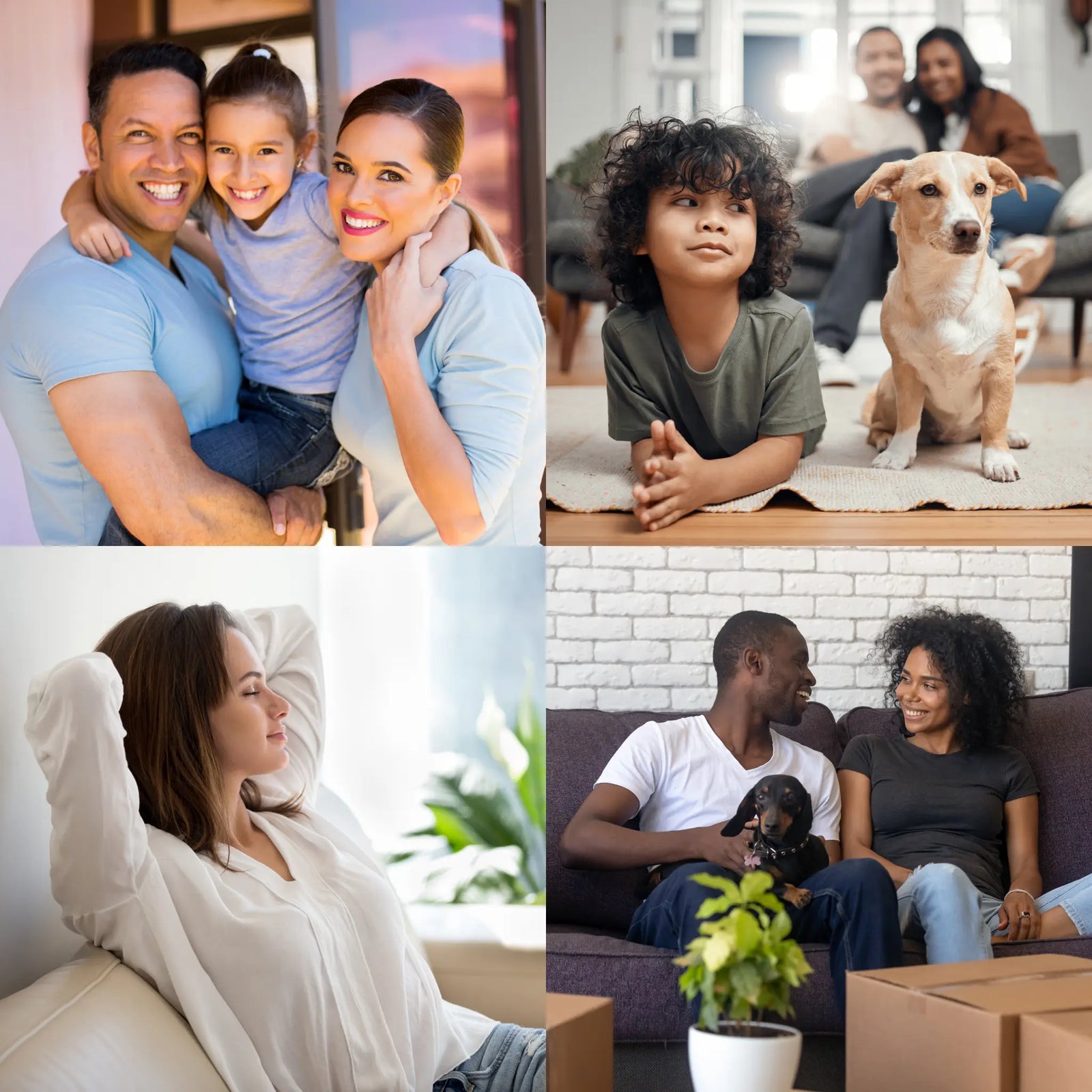 A collage featuring individuals and families with children and pets.